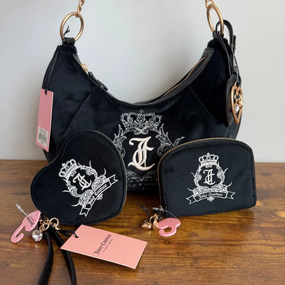New Juicy Couture Need More Black Shoulder Hobo Handbag Wristlet Wallet Set Y2K